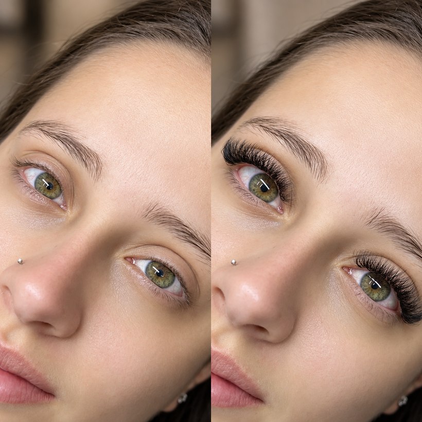 Antes e depois de extensão de cílios aplicada fio a fio, com o olhar visivelmente mais aberto