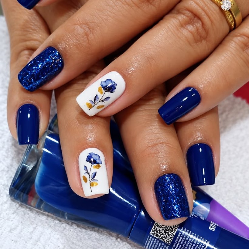 Unhas azul marinho com glitter e duas unhas decoradas à mão com flores, com cutículas bem acabadas