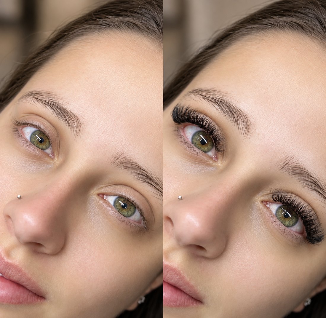 Antes e depois de extensão de cílios fio a fio em cliente de olhos verdes
