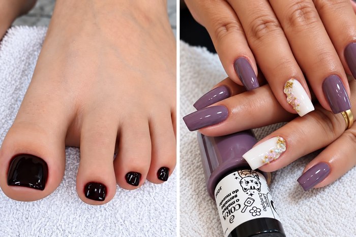 Pedicure com esmalte vinho escuro e manicure em tom malva com unhas decoradas, feitas no Espaço Glamour da Su